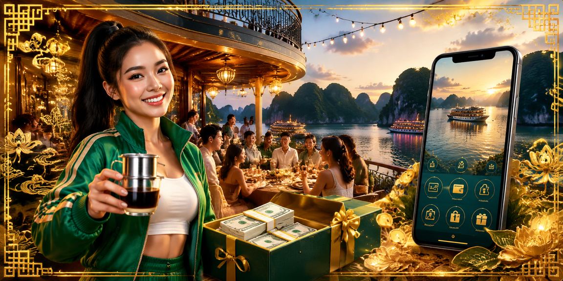 Người chơi thưởng thức casino di động bên vịnh Hạ Long với ly cà phê Việt